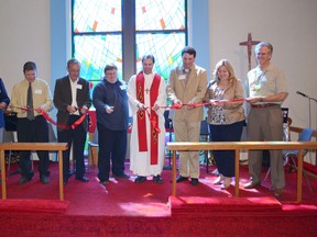 Pictured at the ribbon cutting (left to right) are Ken Frook, Pat Johnson the architect, Saugeen Shores Mayor Mike Smith, Dave Diebel, Pastor Dwight Biggs, Deputy Mayor Luke Charbonneau, MPP Lisa Thompson and Randy Schnaar of the church building committee.