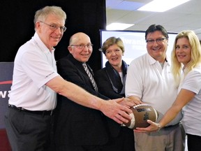 Grand Erie District School Board Trustee Dave Dean (left), Ward 5 councillors David Neumann and Marguerite Ceschi-Smith and Doug DeLaronde and Crystal Glaves of the Kiwanis Club of Brantford help launch a public fundraising campaign Friday for Kiwanis Field, an athletic complex planned for  Pauline Johnson Collegiate. (VINCENT BALL, The Expositor)