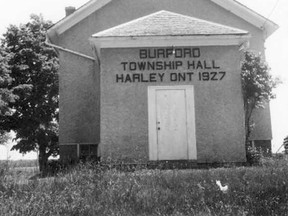 The Burford Township Hall located in Harley was built in 1877 just west of its present location. In 1926, Frank Rush, a councilor, was running for reeve and he stated that if he was elected, he would have the hall moved to its present site and placed on a solid foundation. Rush won and, in 1927, his promise was fulfilled.(Burford Township Historical Society)