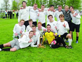 The Fellowes Falcons won the county senior boys soccer championship Thursday with a 2-1 overtime win over Bishop Smith. Team members (back from left) were Kevin McKinnon, Tyler Campbell, Kory Tracey, Tim Gorr, Mark Parsonage, Ryan Siegal and Greg Fortune. In the middle row (from left) were Elijah McKeown, Jared Bawks, Riley Cressman, Dakota Champagne, Colton Keuhl.  In the front (from left) were Collin Lawson, Colin Raddatz and Jordan Deloughery. Missing was Blake Lemoine.