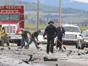 Aftermath of a fatal collision between a car and this truck on Highway 8 near Range Road 34 just west of Calgary, Alberta, on May 25.