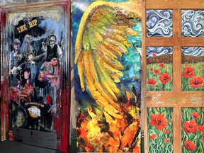 Among the doors that are currently being auctioned off to raise funds for Gilda’s Club Southeastern Ontario as part of the Red Door Project are, from left, the pairing of The Tragically Hip and artist Heather Haynes; The Mahones with artist Nancy Douglas; and Canadian Pickers Scott Cozens and Sheldon Smithens with artist Sherri Nelson.