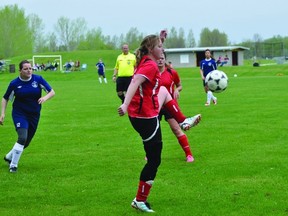 Caitlin Pringle takes a pass during the Portage Blaze game against the Hanover Hype on May 26. (Kevin Hirschfield/THE GRAPHIC/QMI AGENCY)