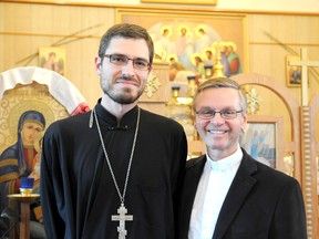 Father Roman Planchak welcomes Ukrainian Catholic Bishop David Motiuk to Grande Prairie during a special visit from May 24 to 26. The bishop attends to the needs of nearly 90 parishes across Alberta and roughly 30,000 faithful. 
Elizabeth McSheffrey/Daily Herald-Tribune
