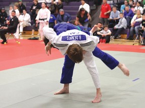 Kenora’s Ben Dennis tries to flip his opponent off the ground before throwing him onto the mat at the Lake of the Woods Judo Championships in April. Dennis finished third at the Ontario Open in Toronto on May 17-19.
