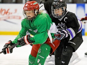 Tate Bowden, left, of Vision Hockey fights off a check from Cassie Whiteye of the Planet Stitch Warriors in the major atom division of the Bluewater Sharks hockey tournament this weekend at the RBC Centre. The 2001-born division was won by the Indy Wings from Indianapolis, while Windsor's Powertech Hockey won the 2002 division. Xcelerate Hockey won the 2003 division. PHOTO COURTESY METCALFE PHOTOGRAPHY