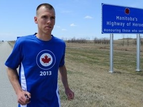Cpl. Jean-Francois Dion, a Winnipeg-based member of the Canadian military, ran the length of two marathons back-to-back, Sunday in conjunction with the RCAF Run. The run took him from Southport to Winnipeg's 17 Wing; Dion was raising money for the Canadian Cancer Society and Soldier On, which helps injured or ill vets get back into playing sports and being active. Visit www.highwayofheroesrun.ca for more info. (SUBMITTED PHOTO)