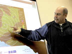 Alan DeVillaer, Chatham-Kent Coordinator of Emergency Medical Services and Emergency Management, demonstrates the interactive screen within the Emergency Operations Centre, yesterday at the Chatham-Kent Civic Centre.KIRK DICKINSON/FOR CHATHAM DAILY NEWS/ QMI AGENCY