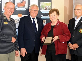 A special plaque presentation was made Friday at the Tillsonburg Public Library recognizing a $40,400 Ontario Trillium Foundation grant. From left are OTF representative Bob McFarland, Oxford MPP Ernie Hardeman, Oxford County Library Board chair Margaret Lupton and Tillsonburg Mayor John Lessif. CHRIS ABBOTT/TILLSONBURG NEWS