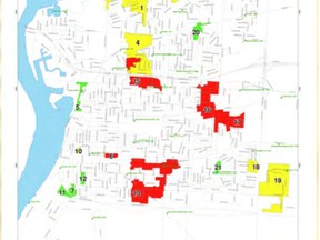 Stantec provided Sarnia City Council with a map of high-risk areas for basement (hydraulic) flooding. Areas have been divided into priority 1, priority 2 and priority 3 designations. SUBMITTED PHOTO/THE OBSERVER/QMI AGENCY