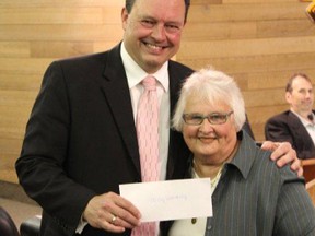Mary Lou Tomlinson made a $120,000 cheque presentation to North Bay City Council on behalf of the Armstrong Family at a City Council meeting May 21.