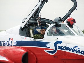 RCAF student, 2nd Lieut. Mike Pape, smiles after flying with Snowbird Capt. Padruig MacIntosh during a practice flight at Southport on Friday, May 24, 2013. The hundreds of people who came out to watch the Snowbirds were amazed by the maneuvers the pilots performed. (Svjetlana Mlinarevic/The Graphic/QMI Agency)