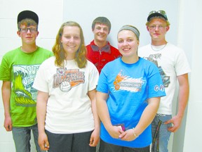 Area 4-H directors issuing invitation to the 48th Annual Lac Ste. Anne 4-H Achievement Day on June 3, at the Mayerthorpe Ag Grounds are, from left, Dirck Cammandeur of Anselmo Willing Workers 4-H, Mickaela Klemp, of Anselmo Willing Works 4-H, Kyle Dodgson of Mayerthorpe 4-H Beef Club, Brooke Bablitz, of the Cherhill Multi 4-H Club and Cole Plaxton, of the Roydale Multi Club 4-H.