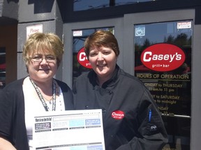 Cutline: Nancy Horan, manager of the Violence Intervention and Prevention Program, and Bev Wills, house manager for Casey’s, launch the Draw the Line campaign Monday. (Supplied photo)