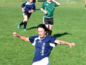 The Timmins Women’s Soccer Club kicked off its season on Sunday with two games at the Timmins High & Vocation School soccer field. Game 1 had the Wolfepack Apparel & Designs side blanking Ethier Hearing Clinic 3-0. Kim Cote works to keep the ball in play before the close of the first half.