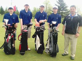 Ainsdale Golf Course was outfitted for its junior golfers who participated on the Grey Bruce Junior Golf Tour. L-R: Sheldon McBride, Dalton Regier, Shane Vollmer, Landon Hoeper and Joey Rettinger, club professional. (SUBMITTED)