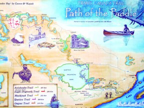 Path of the Paddle is a 900-kilometre canoe and portage route from Thunder Bay to Manitoba linking the east and west sections of the Trans Canada Trail.
Path of the Paddle map illustration by Hap Wilson