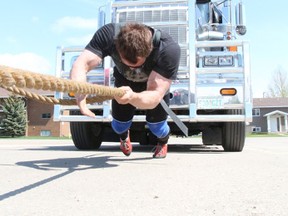 Former Melfort resident Quinton Falk tests out the semi-truck pull on Saturday, May 25. The pull is going to be part of the Saskatchewan Strongest Man contest set for June 15 in Melfort.