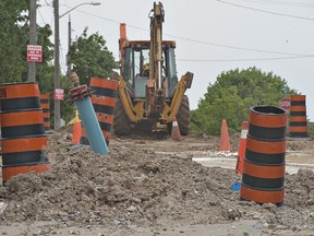 Marlborough Street in Brantford, east of Stanley Street is one of many city roads undergoing construction this summer. Detour signs, lane reductions and road closures abound during construction work which is necessary, but often aggravating for motorists. (BRIAN THOMPSON Brantford Expositor)