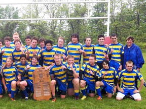 The BCI Broncos celebrate their Central Western Ontario Secondary Schools Association midget boys rugby championship Tuesday. (Expositor Photo)