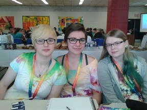 Students from Delhi District Secondary School's Gay-Straight Alliance attended the OUTShine GSA Summit in Toronto. Participating in a workshop are Elly Verlinden, Megan Stockmans and Chloe Fines. (Contributed photo )