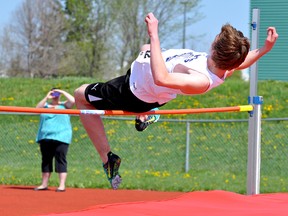 Tyson Malo, of Timmins High & Vocational School, clears the bar during the junior boys high jump at the NEOAA Track & Field Championships at the Timmins Regional Athletics and Soccer Complex on Tuesday. Malo’s best jump was 1.55 metres, good for second place behind Curtis MacPherson, of TDSS, who cleared 1.75 metres.