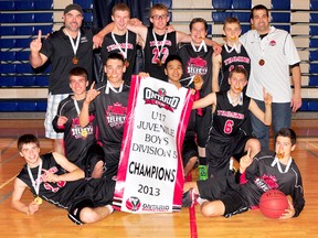 The Timmins Selects captured their first Ontario Cup Under-17 Juvenille Basketball Championship in Niagara Falls on the weekend, defeating the Riverside Falcons from Windsor 54-43. Members of the championship team include, front row, from left: Matt D’Alessandri, Tommy Wojtczak, Matthew Vanderweerden, Nathan Hookimaw, Ross Clausi and Ryan Basso. Back row, from left: Coach Rick Cornell, Scott McDowell, Colton Labine, Mathew Richard, Skylar Cornell and coach Don Davis.