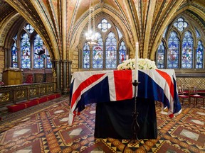 Margaret Thatcher's casket rests in the Crypt Chapel of St. Mary Undercroft at the Palace of Westminster in London, before her funeral in April.