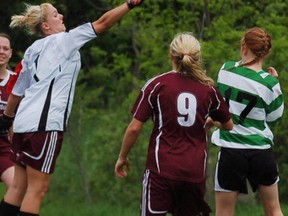 PJ keeper Erica Hewson pushes the ball out of harm's way against the St. David Catholic Secondary School Celtics Wednesday during the Central Western Ontario Secondary School Association girls AAA championships at John Wright Park. (DARRYL G. SMART, The Expositor)