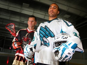 Former National Lacrosse League defenceman Troy Bonterre of Owen Sound, right, will be bringing other former and current pro players such as Mark Cochrane, left, to his summer lacrosse camp in Owen Sound.