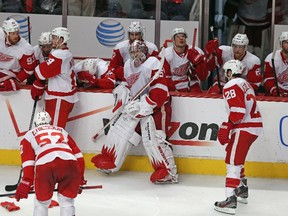 Jimmy Howard, of the Detroit Red Wings (centre), and other members of the Red Wings react after losing Game 7 to the Chicago Blackhawks. (AFP)