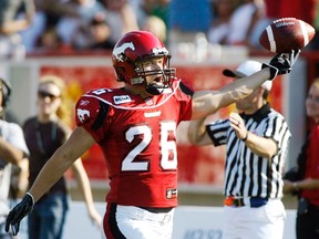 Rob Cote (#26) will be one of the Calgary Stampeders coming down to Pincher Creek in May for Mustangs' Camp. File photo.