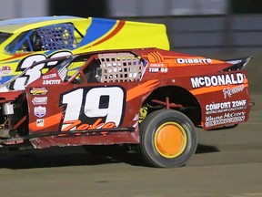 Havelock's Zeke McKeown (No. 19) grabbed his first feature win of the season in the OilGuard Anti Rust Canadian Modified Division Saturday night at Brighton Speedway.