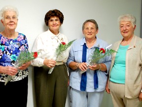 The South Bruce Grey Health Centre (SBGHC) Kincardine Auxiliary honoured members at the May 22, 2013 meeting. L-R: Anne Nicolson, Lucille Fischer, Georgia Lee Owens and Loreen Ambler were recognized for 10 years of service along side Shirley Riggin, who was honoured for 20 years of service. (ALANNA RICE/KINCARDINE NEWS)