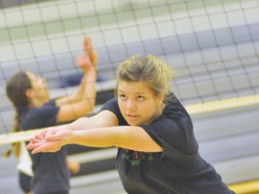 EDDIE CHAU Simcoe Reformer
Brooke Magalas goes for a bump during a try out night for the Simcoe Xtreme Volleyball Club Thursday night. The club will be holding two more try out nights in June.