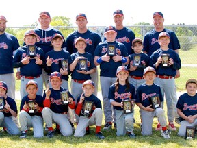 The Sarnia Braves Minor Mosquitos pictured after winning the St. Thomas Cardinals tournament. Pictured are (from left to right) back row: Assistant Coach Marty Golden, Assistant Coach Rob Winship, Head Coach Matt Cook, Assistant Coach Craig Minielly, Assistant Coach Brent Steeves. Middle row :Kristofer Lotz, Reece Goodall, Tyler Winship, Zach Fields, Zion Ainsworth, Andrew Cook. Front row: Ty Golden, Devon Authier, Mason Minielly, Ryan Steeves, Yanic Babcock, Cadence Harrison, Devin Brown, Adam Walker. SUBMITTED PHOTO/THE OBSERVER/QMI AGENCY