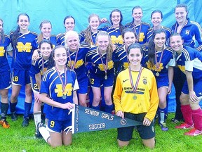 Stratford St. Michael Warriors celebrate after winning the Huron-Perth high school senior girls soccer championship with a 1-0 shootout victory over the St. Marys DCVI Salukis this week. The Warriors were scheduled to play at the OFSAA championship tournament today in St. Thomas. (Contributed photo)