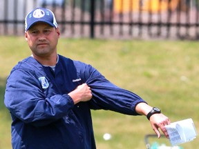 Argos head coach Scott Milanovich pulls up his sleeves and gets down to work yesterday. (Dave Thomas/Toronto Sun)