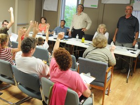 Members with Harmony for Youth vote for a new five-member board of directors at a Thursday meeting in Sarnia. The organization is planning to reopen in September, after closing in December due to several resignations and financial disorganization. TYLER KULA/ THE OBSERVER/ QMI AGENCY