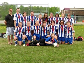 The Timmins High & Vocational School Blues girls soccer team defeated the Timiskaming District Secondary School Saints 3-1 in a one-game final to earn a berth into OFSAA in early June. The Blues pose for a team photo following the win.