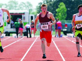 TISS Pirates' Liam Smith (1104) competes in the junior boys 100-m final at this year's East Regional Track and Field meet at M. A. Sills Park in Belleville on Friday. Smith finished third with a time of 11.05. (JEROME LESSARD/QMI Agency)