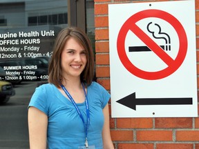 The Porcupine Health Unit has made major in-roads with tobacco use by youth in the 2013. They hope to capitalize on it by putting more effort into youth programming and awareness campaigns over the next year. PHU youth engagement leader Wendy Legros poses next to a non-smoking sign outside the Pine Street location, practicing what she preaches.