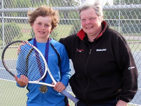 Andrew Davies, left, won the Amherstburg stop on the Little Caesars Junior Tennis Tour, organized by Nancy Loeffler-Caro, right. (Submitted photo)