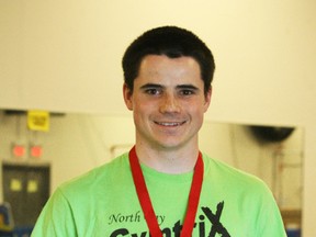 North Bay Gymtrix trampoline athlete Keiran Crouch wears the silver medal he earned at the National Championships in Ottawa last weekend.