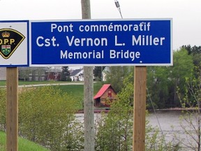 New sign dedicating the bridge over the Black River in Matheson to OPP Constable Vern Miller. Timmins Times LOCAL NEWS photo by Len Gillis.