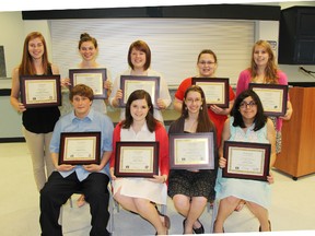 The city of Pembroke honoured the best and brightest of its youth Wednesday night, as they were honoured at the 2013 Pembroke Youth Awards. Seated in front are, starting from left, Shaun Tabbert,  
Sarah Ziegel, Stephanie Hartlin and Katrina Jofre. Standing in back are, starting from left, Danielle McCluskey, Madeleine Kelly, Laura Hayashi, Deborah MacNevin and Rebecca Dagenais. Missing from the photo is Marie-Therese Blais.  For more community photos, please visit our website photo gallery at www.thedailyobserver.ca.