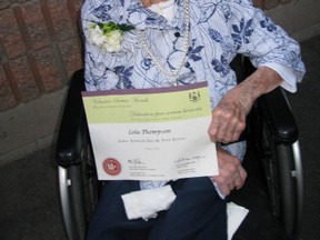 Lola Thompson of Port Dover holds a certificate she received honouring her 50 years of volunteer service in the community. More than 150 people were honoured at a ceremony at the Vittoria Community Centre. (DANIEL R. PEARCE Simcoe Reformer)