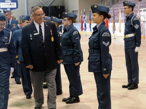 Caryn Ceolin/Daily Herald-Tribune
Members of the 577 Grande Prairie Alberta Air Cadets are inspected by Keith Mann of the Air Cadet League of Canada Saturday at the Crystal Centre. The cadets were recognized for their hard work, and celebrated 60 years of service and success.