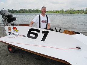 SARAH DOKTOR Simcoe Reformer
Erik Luksep of Toronto stands beside his boat at the Waterford Conservation Area on Sunday. The Toronto Outboard Racing Club held races in Waterford over the weekend.