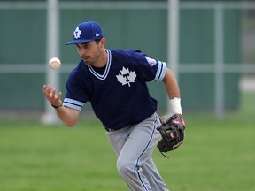 Toronto Maple Leafs shortstop Cody Mombourquette juggles a ground ball he failed to field cleanly Sunday during the fourth inning of his team’s 10-1 loss to the Brantford Red Sox. (DAN HAMILTON/Vantage Point Studios)